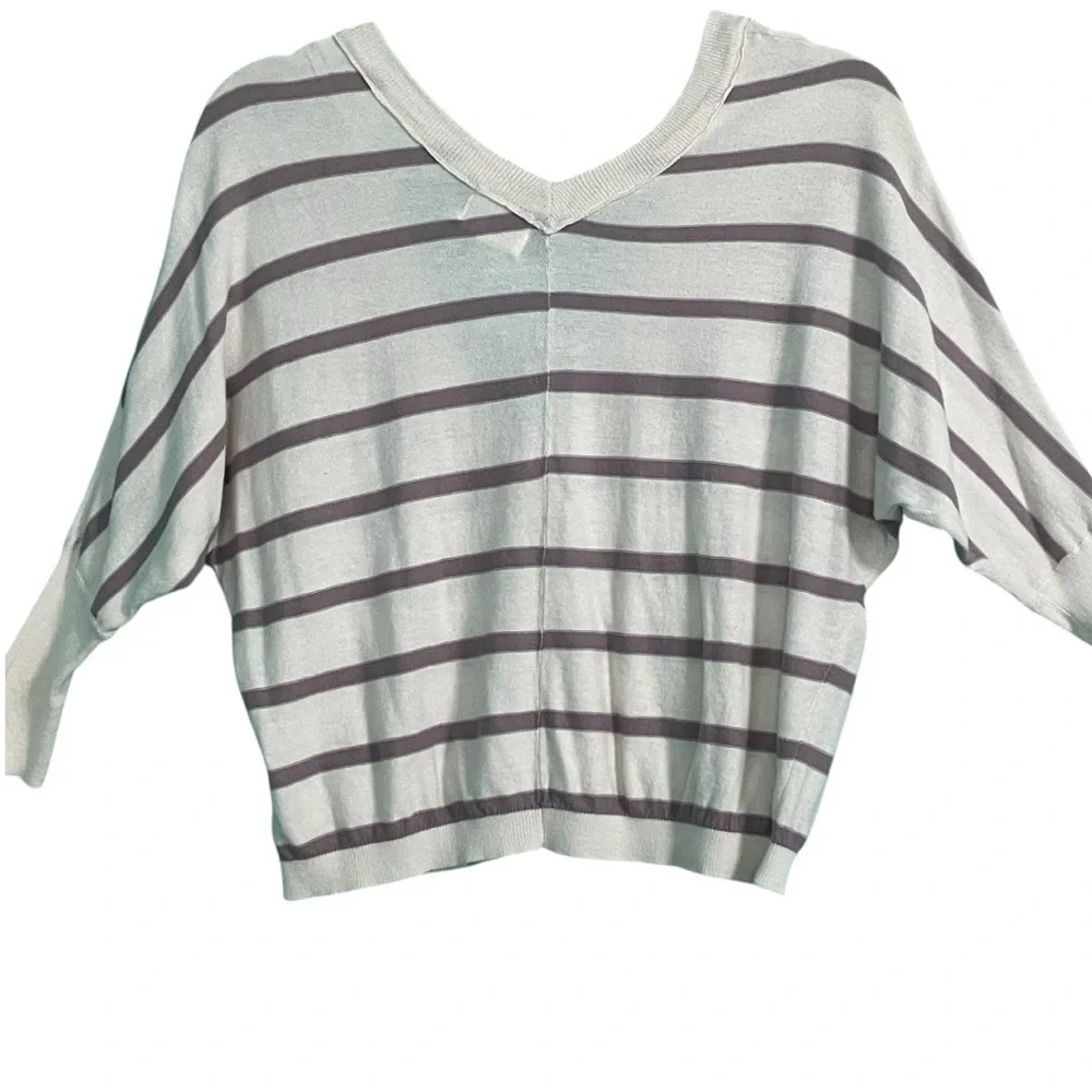 Kenji crop lightweight, loose fit sweater dolman sleeves back V mauve stripe
